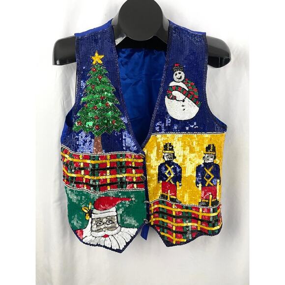 VTG Blue Sequin Christmas Vest MEDIUM Womens Ugly Sweater Holiday 100% Silk - Picture 1 of 11